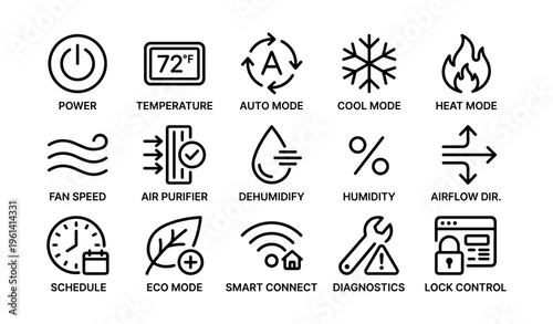 Smart home climate control icons: power, temperature, auto, cool, heat, fan, air purifier