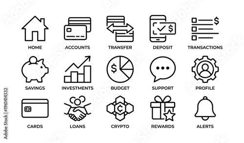 Financial app icons: home, accounts, transfer, deposit, transactions, savings, investments
