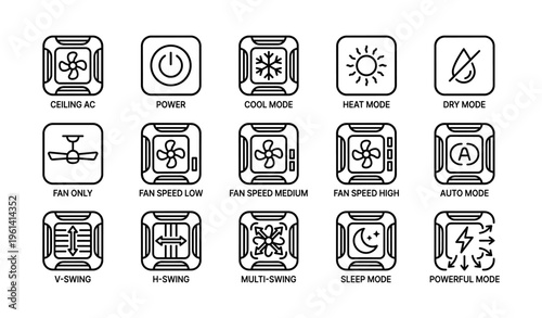Air conditioner control icons for various modes and fan speeds