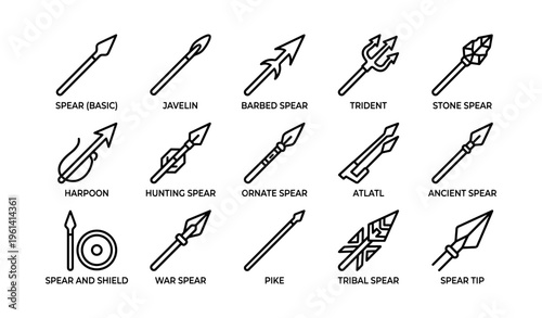 Variety of spears and related weapons: javelin, trident, harpoon, and more