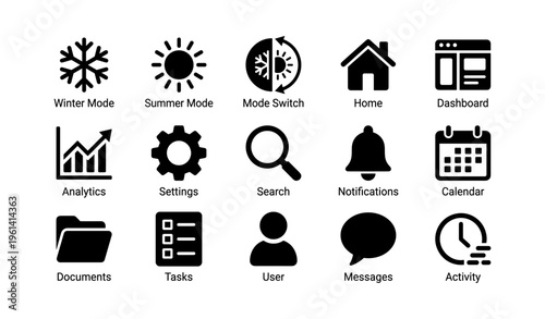 Set of black icons for modes, home, analytics, and user interface features