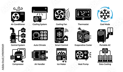 Air conditioning and cooling systems icons: comprehensive collection