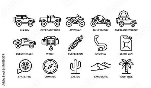 Offroad vehicles and equipment icons: suv, atv, dune buggy, cactus, sand dune