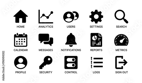 Essential black icons: home, users, settings, search, more for apps and websites