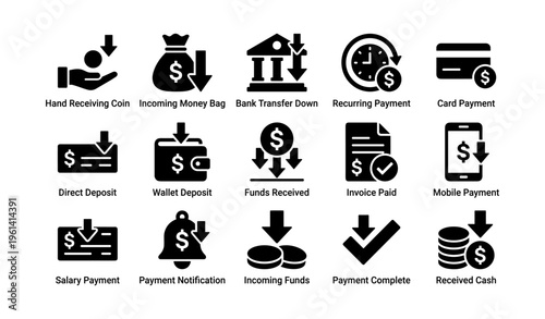 Financial icons set featuring money transfers and payment methods