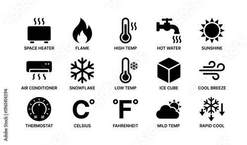 Weather and temperature icons: heater, flame, thermometer, sun, air conditioning, snowflake