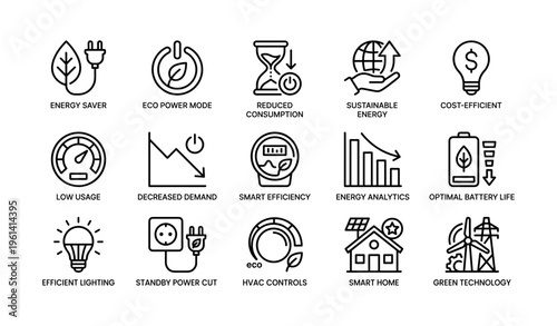 Energy efficiency icons for sustainable technology and eco-friendly solutions