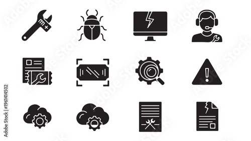 Technical support and system troubleshooting glyph icon set for bug fixing, IT maintenance, and cloud error management