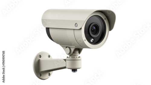 Gray cylindrical security camera mounted on bracket, digitally rendered for surveillance systems isolated on transparent background