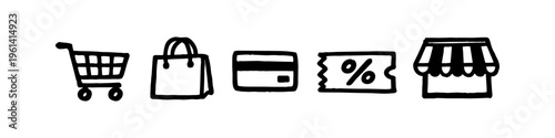 Set of hand-drawn shopping and e-commerce icons in black and white doodle style including shopping cart, bag, credit card, discount coupon, and storefront.