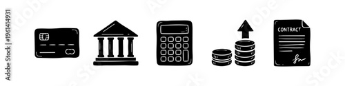 Set of hand-drawn financial icons including a credit card, bank building, calculator, coins with a growth arrow, and a signed contract. Perfect for business and finance-themed designs.