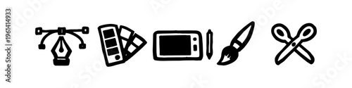 Hand-drawn doodle icon set representing graphic design and creative tools, including a pen tool, color palette, digital tablet, brush, and scissors on a white background.