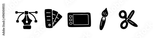 Set of hand-drawn graphic design icons in black and white including pen tool, color swatches, digital tablet, paintbrush, and scissors. Perfect for creative professional branding and art themes.