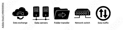 Set of black hand-drawn network and data management icons including data exchange, servers, folder transfer, network switch, and data traffic. Minimalist doodle style on white background.