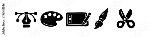 Set of black silhouette icons representing graphic design and art tools, including a pen tool, paint palette, digital drawing tablet, paintbrush, and scissors on a white background.