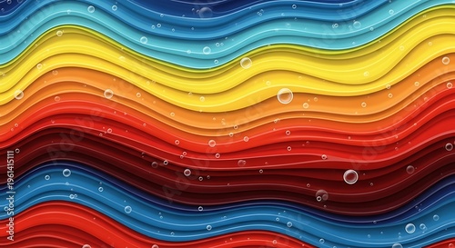Abstract image of undulating, vibrant rainbow-colored bands with scattered bubbles