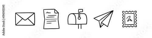 Set of hand-drawn mail and post icons including an envelope, letter, mailbox, paper plane, and postage stamp. Black doodle sketches isolated on a white background for communication concepts.
