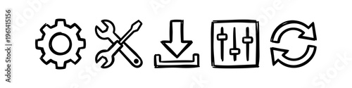 Hand-drawn web and app icons set featuring gear, tools, download, sliders, and sync arrows. Sketchy doodle style black linear symbols on white background for interface design.