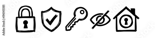 Set of hand-drawn security and privacy icons including a padlock, shield, key, hidden eye, and home protection symbol. Sketch style black and white doodle vector illustration.