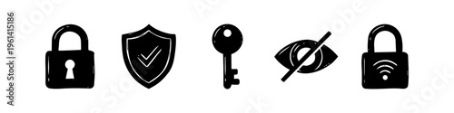 Set of black hand-drawn security icons including a padlock, shield, key, private eye, and smart lock. Minimalist doodle style for cybersecurity, privacy, and protection concepts.