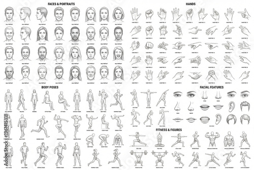 huge mega bundle of realistic pencil sketches, including human hands in multiple gestures, facial expressions, full body poses, athletic figures, eyes, noses, lips, different angles and variations, hi