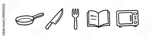 Set of hand-drawn kitchen icons including a frying pan, knife, fork, cookbook, and microwave. Minimalist black and white line art doodles for cooking and culinary concepts.