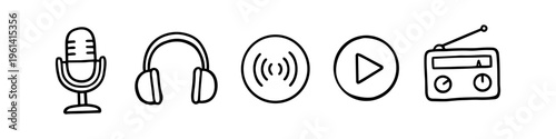 Hand-drawn doodle icons for podcasting, radio, and audio broadcasting featuring a microphone, headphones, sound waves, play button, and vintage radio on a white background.