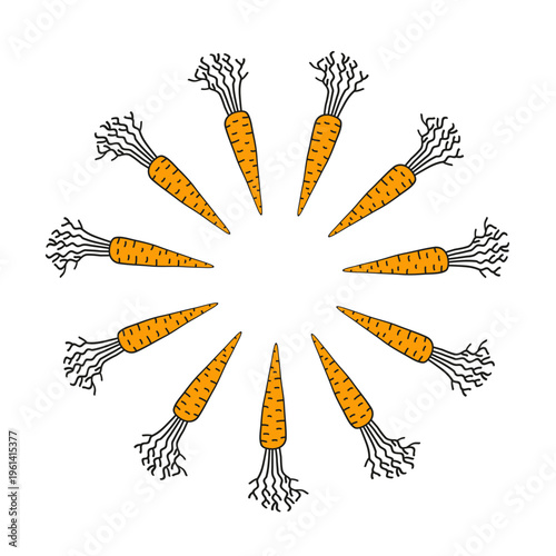 Cute round wreath with doodle orange carrots isolated on white background. Organic farm vegetables in circle shape. Healthy vector illustration.