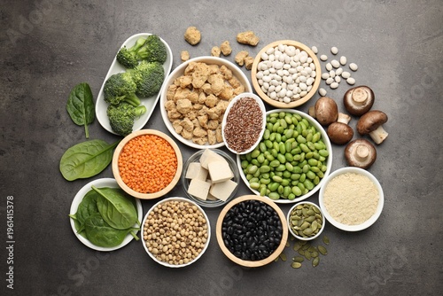 Konstfotografi Different vegan products on grey table, flat lay