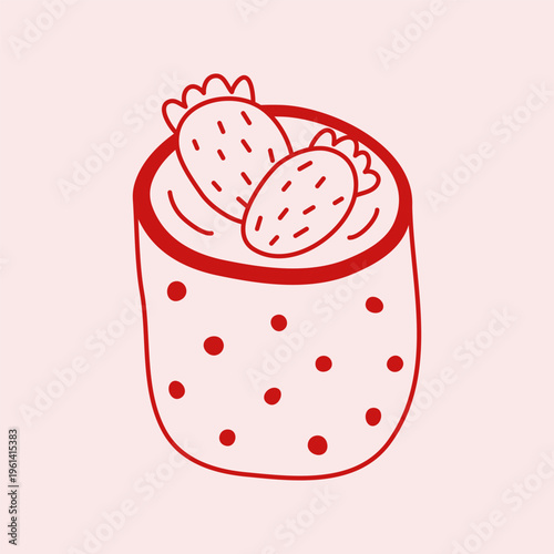 Cute hand drawn homemade strawberry yogurt or smoothie in mug isolated on pastel background. Doodle outline organic dairy product in line art Mediterranean style. Calcium and protein source.