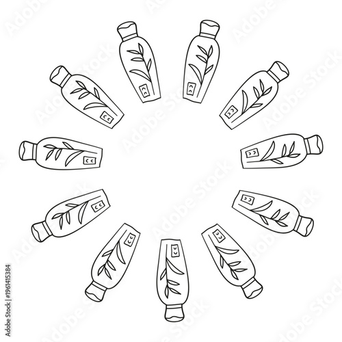 Cute round frame with doodle outline green tea toner in bottles isolated on white background. Hand drawn line art cosmetics. Great for skin care designs.