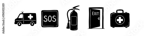 Hand-drawn emergency and safety icons: ambulance, SOS sign, fire extinguisher, exit door, and first aid kit. Minimalist black ink doodle vector illustrations on white background.