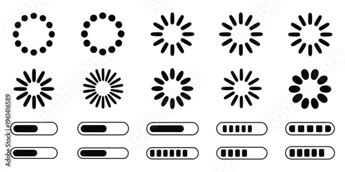 Loading icon set, load circles, progress bars, download/upload icons, and waiting indicators, representing data processing and system activity, simple flat vector design, isolated on white.