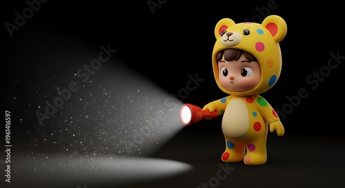 Cartoon child in bear costume shines a flashlight, illuminating shimmering particles against black