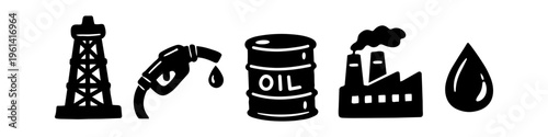 Hand-drawn oil and gas industry icons set featuring a derrick, fuel nozzle, barrel, factory refinery, and drop. Minimalist black vector illustrations on white background for energy concepts.