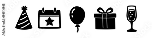 Set of minimalist black party icons featuring a striped party hat, calendar with a star, balloon, gift box with bow, and champagne glass. Perfect for event planning, birthdays, and celebrations.