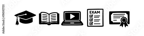 Hand-drawn education icons set featuring a graduation cap, open book, laptop for e-learning, exam checklist, and diploma certificate. Perfect for school, university, and online course concepts.