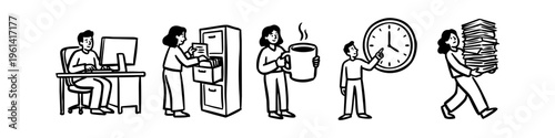 Vector set of hand-drawn office workers performing daily tasks like computer work, filing, coffee breaks, and managing heavy workloads. Playful black and white minimalist doodle illustrations.