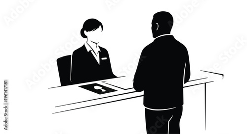 Businesswoman and client in meeting at office desk with paperwork, professional corporate setting, black and white illustration