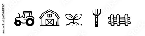 Set of hand-drawn minimalist farm icons including a tractor, barn, sprout, pitchfork, and wooden fence. Black and white doodle style vector illustration for agriculture and gardening themes.