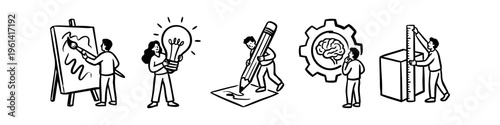 A minimalist line art illustration set representing creative and analytical processes like painting, brainstorming, drawing, logic thinking, and measuring for business and design concepts.