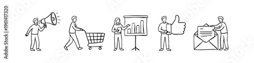 Set of hand-drawn business and marketing doodle icons featuring a megaphone, shopping cart, chart presentation, thumbs up like, and mail communication. Minimalist vector line art characters.