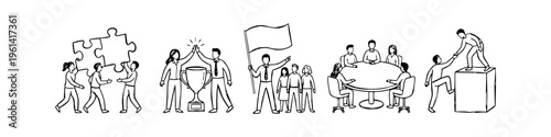Hand-drawn doodle set illustrating business teamwork concepts including collaboration, leadership, success, meetings, and mutual support in a clean black and white line art style.