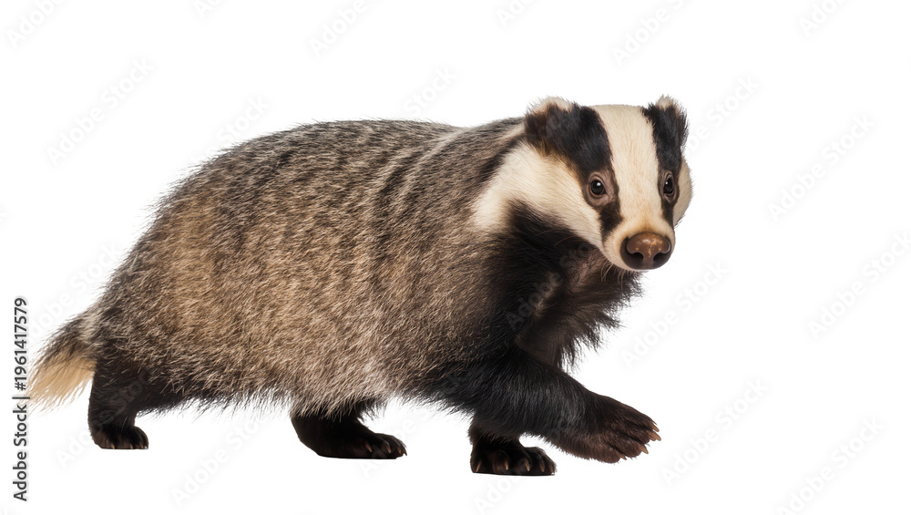 Fototapeta premium European badger with gray fur and black stripes looking forward, isolated on transparent background