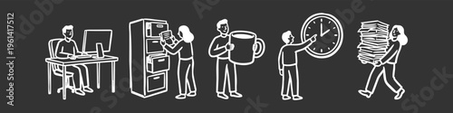 White line doodle illustrations of office life on a black background, featuring people working at desks, filing papers, holding a giant coffee mug, managing time, and carrying heavy workloads.