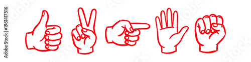 A set of five red hand-drawn gesture icons: thumbs up, peace sign, pointing finger, open palm, and a fist. Minimalist line art illustration isolated on a white background.