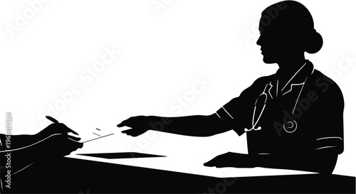 Nurse healthcare professional handing over medical document to patient in clinical setting silhouette