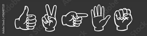 Hand-drawn collection of common hand gestures including thumbs up, peace sign, pointing, open palm, and fist, presented in a minimalist white outline style on a dark background.