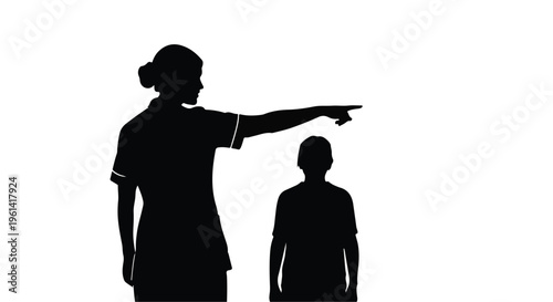 Silhouette of woman pointing at child standing together in black isolated background