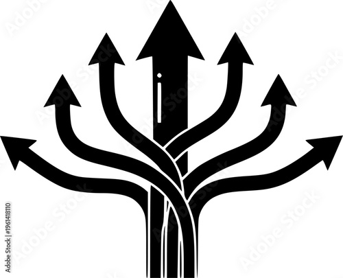 Direction arrow icon with multiple paths. Choice and decision making symbol. Strategy, planning and alternative route concept. Navigation, growth and progress pictogram for business scenarios.